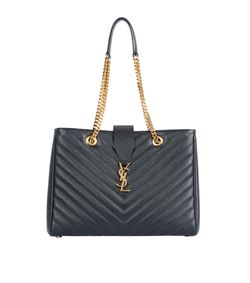 YSL Logo Chevron Tote Bag, Leather, Black,LND3969110415, DB, 3*